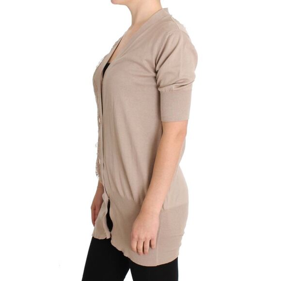 PINK MEMORIES Lace Detail Short Sleeve Cardigan Women Pink Sweaters - Picture 2 of 6